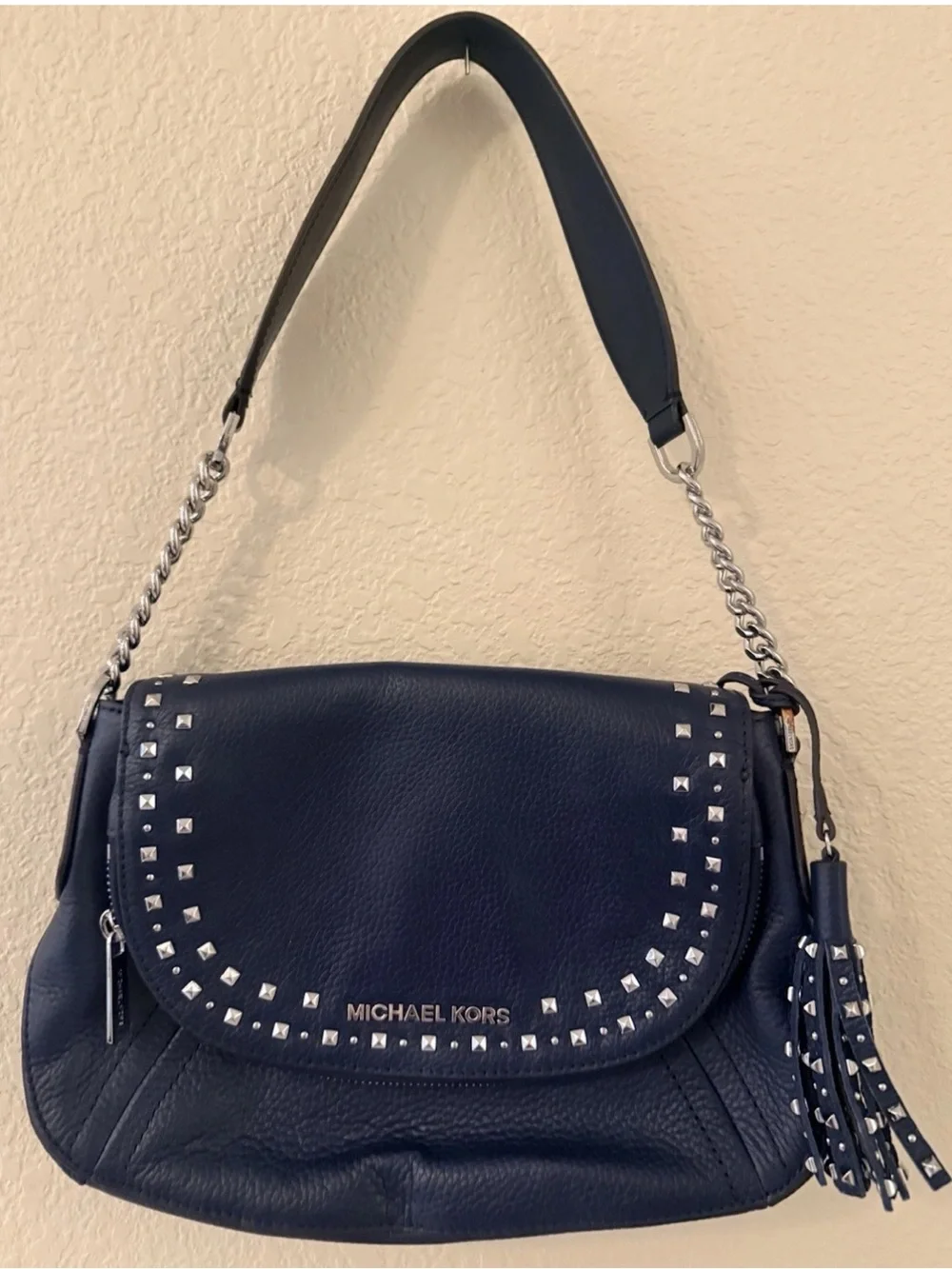 MICHAEL KORS Navy Leather Studded Shoulder Bag with Tassel